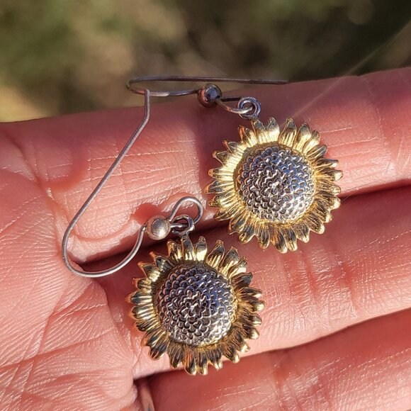 Sterling silver 925 gold boho hippie flower child sunflower earrings - Picture 12 of 13